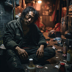 Somber Asian man sitting in a dark desolate alley among garbage and bottles embodying urban despair and poverty suitable for social drama and gritty realism - obrazy, fototapety, plakaty
