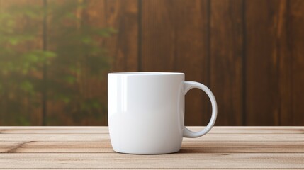 A white ceramic mug for hot drinks stands on a wooden table in a modern kitchen. Close-up view. Copy space mockup for logo design or text. Generative AI.