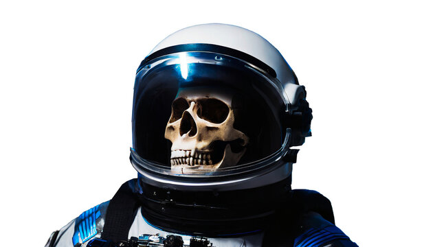 AI generated image of a spacesuit with a human skull visible through the visor - No background