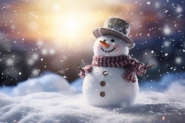 Snowman on the snow Sparkles on background, Snowfalling