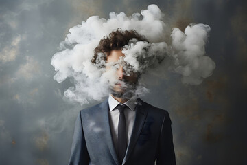 Businessman with cloud of smoke in his head. Concept of having ideas, thinking, stress, being creative and workaholic