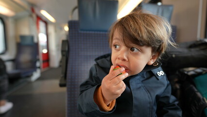 Kid with berry-filled container in hand, savoring a healthy snack aboard a train, eating during...