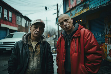 Obraz premium Two adult men in a gritty urban setting exuding confidence and toughness with a look of determination as they stand united in their neighborhood