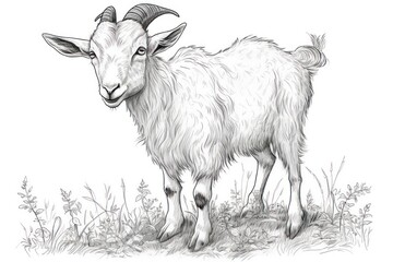  a black and white drawing of a goat standing in a field of grass with long horns on it's head and long horns on its head, looking straight ahead.