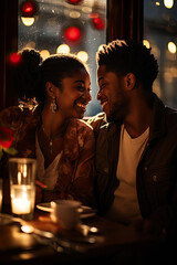 Young couple in love enjoying an intimate moment in a cozy coffee shop showcasing romance affection warmth and joy perfect for lifestyle and relationship marketing