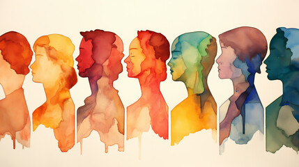 Abstract line of human profiles executed in paint style on the subject of cultural diversity