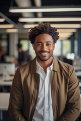 Smiling young African American man in stylish casual attire at a modern office representing confidence happiness and a positive work environment with potential usage in lifestyle and business sectors