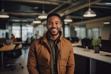 Obraz premium Smiling young African American male in a trendy brown jacket in modern office setting emphasizing success happiness and professional lifestyle suitable for corporate and creative industry