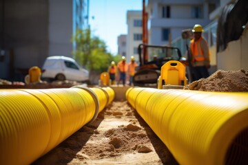 Pipe laying, yellow plastic pipeline. Generative AI - Powered by Adobe