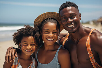 Smiling family enjoying sunny beach vacation African ethnicity bonding cheerful young adult child sea shore