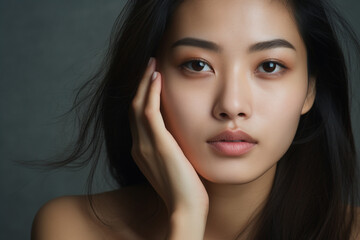 Fototapeta premium The close up detail portrait of an Asian female model’s face in natural makeup look with healthy glowing skin, hands near face for skincare makeup or facial clinic ads. Generative AI.