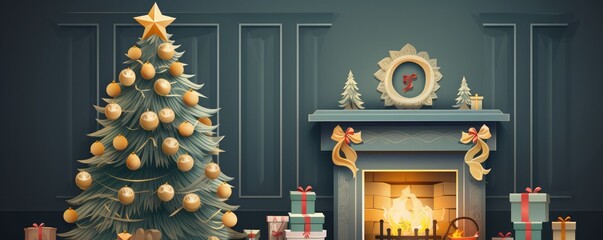 Christmas fireplace with socks in house with cookies and milk, illustration panorama. Generative Ai.
