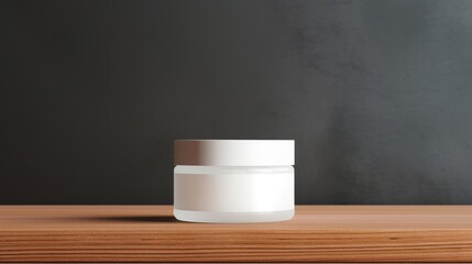 Fototapeta na wymiar White Jar with a twist-on lid with a moisturizing cream for hands or face. Skin care. Modern grey bathroom design. Copy space mockup for logo design or text. Generative AI.