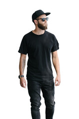 Hipster handsome male model with beard wearing black blank t-shirt and a baseball cap with space for your logo or design