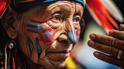 Native American Indigenous Indian people in community. ethnic elderly with paintings on face. indian ethnicity, shaman concept