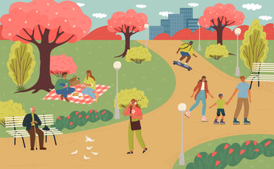 Crowd of people different age walking in spring park vector illustration