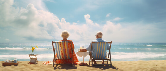 old man and old woman on vacation, back view, sitting on sun lounger chair right on the beach by the sea by the water - obrazy, fototapety, plakaty
