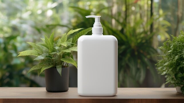 White Plastic Shampoo Bottle with Dispensary Lid. Wooden table, green plants near. Copy space mockup for logo design or text. Generative AI. Blank cosmetic bottle with pump for branding.