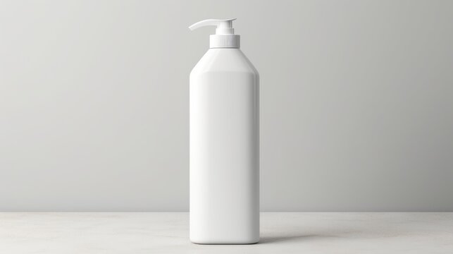 White Plastic Shampoo Bottle with Dispensary Lid. Minimalistic light background. Copy space mockup for logo design or text. Generative AI. Blank cosmetic bottle with pump for branding.