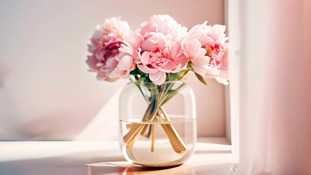 Pink peonies in glass vase on empty table opposite white wall with window. Beautiful flower holiday footage