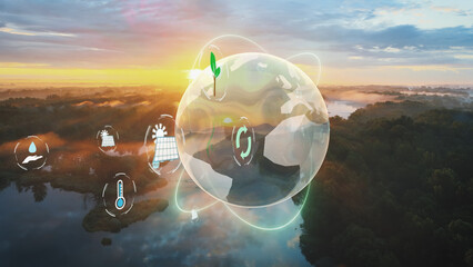 Future Sustainable Energy Concept - Globe and icons with clean nature background - 3D render
