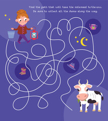 Maze game, activity for children. Puzzle for kids. Vector illustration. Cute characters. Find the path that will lead the milkmaid to the cow. 