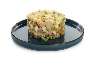 Delicious russian salad Olivier on white background
