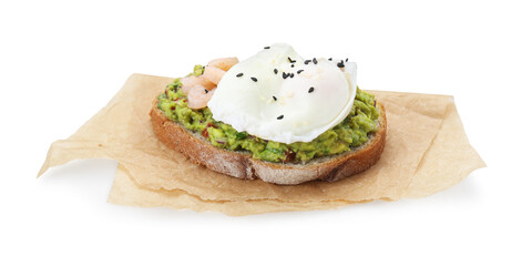 Delicious sandwich with guacamole, shrimps and fried egg isolated on white