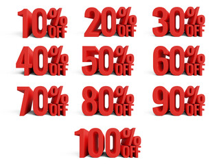 3D set of discount numbers. Discount price badge. Sale tags, Sticker, clearance sale. 10, 20, 30, 40, 50, 60, 70, 80, 90, 100 precent off 3d numbers. 3d illustration