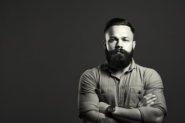 Obraz premium crossed arms him front looks guy background isolated toned, man bearded portrait length half white, Black