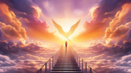  3D rendering of a woman or angel going to heaven. Beautiful sunset with clouds. © alexkich