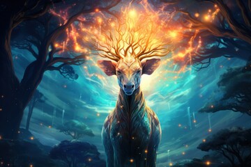 a digital painting of a deer in a forest with fire coming out of its antelope's antelope's antelope's head.