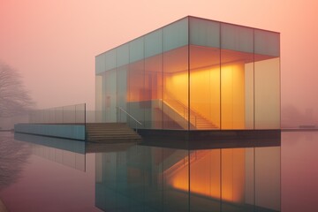  a building sitting next to a body of water on a foggy day with stairs leading up to the top of the building and a staircase leading up to the top of the building.