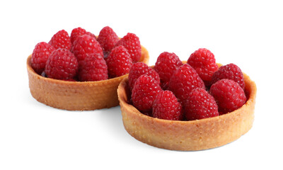 Tartlets with fresh raspberries isolated on white. Delicious dessert