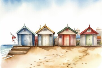 houses beach wooden row coast illustration watercolor - obrazy, fototapety, plakaty