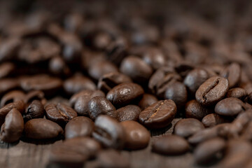 Coffee beans background, texture with copy space.