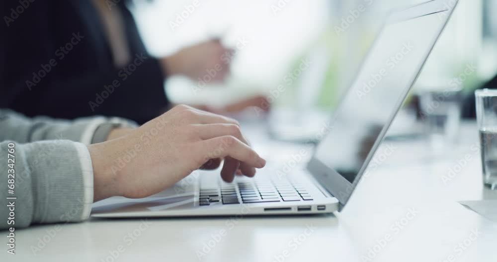 Poster hands, laptop and typing an email, plan and networking in office, project and proposal. business per