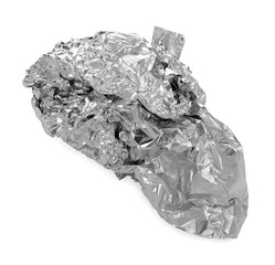 Obraz premium Crumpled piece of aluminum foil isolated on white, top view