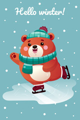 Cute bear character skating. New Year card, winter fairy tale. Bear in cartoon style. postcard, poster, sticker