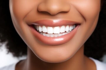 Obraz premium perfect white teeth close up African American black girl, female toothy veneer smile, tooth whitening, dental care and stomatology, dentistry,