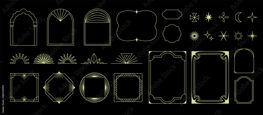 Poster Vector set of design elements and illustrations in simple linear style - boho arch and border logo design elements and frames for social media stories and posts