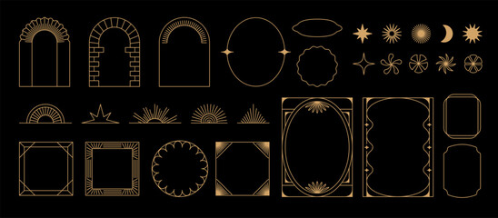 Vector set of design elements and illustrations in simple linear style - boho arch and border logo design elements and frames for social media stories and posts © venimo