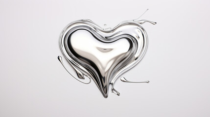 Liquid metallic silver heart shape on white background.