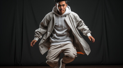 Energy. Dynamic portrait of young flexible sportive boy dancing hip-hop or breakdance