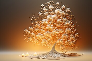  a painting of a tree with white flowers and three lit candles in the center of the tree, on a light brown background, with a shadow from the bottom half of the tree.