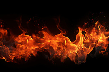 Fototapeta premium The effect graphic horizontal wallpaper banner of strongly hot fire flame on black background. Generative AI.