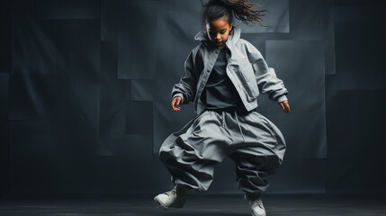 little break dancer showing his skills on grey background. Hip hop dancer kid performing isolated...