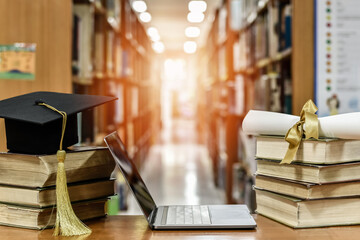 Online education, school study course, e-learning class, e-book digital technology and global educational success graduation concept with computer notebook open in library or classroom background