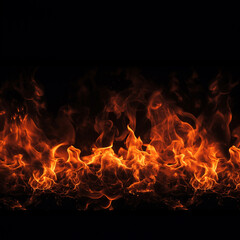 Fototapeta na wymiar The effect graphic horizontal wallpaper banner of strongly hot fire flame on black background. Generative AI.
