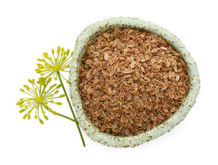 Bowl of dry seeds and fresh dill isolated on white, top view